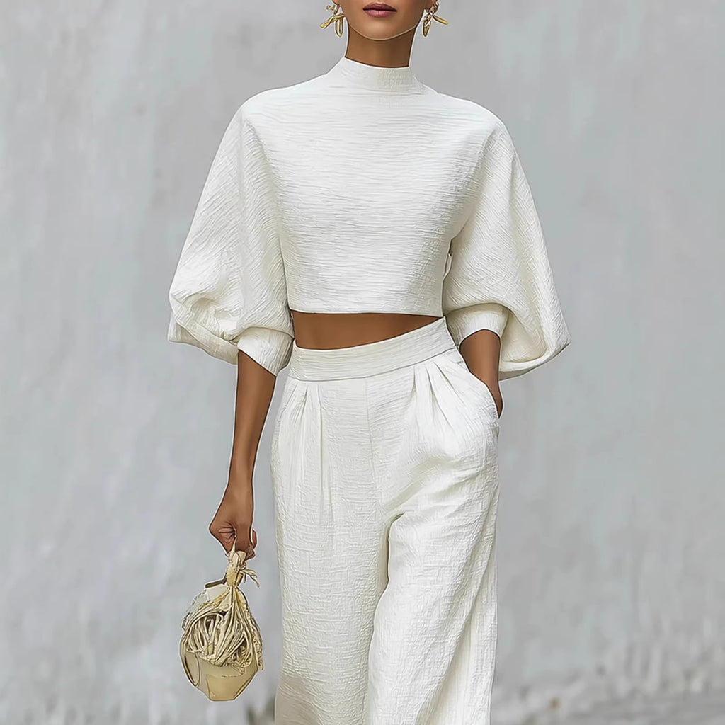 SET 2 PIÈCES FEMME CROP TOP + PANTALON TAILLE HAUTE BLANC – LOOK CASUAL ÉLÉGANT