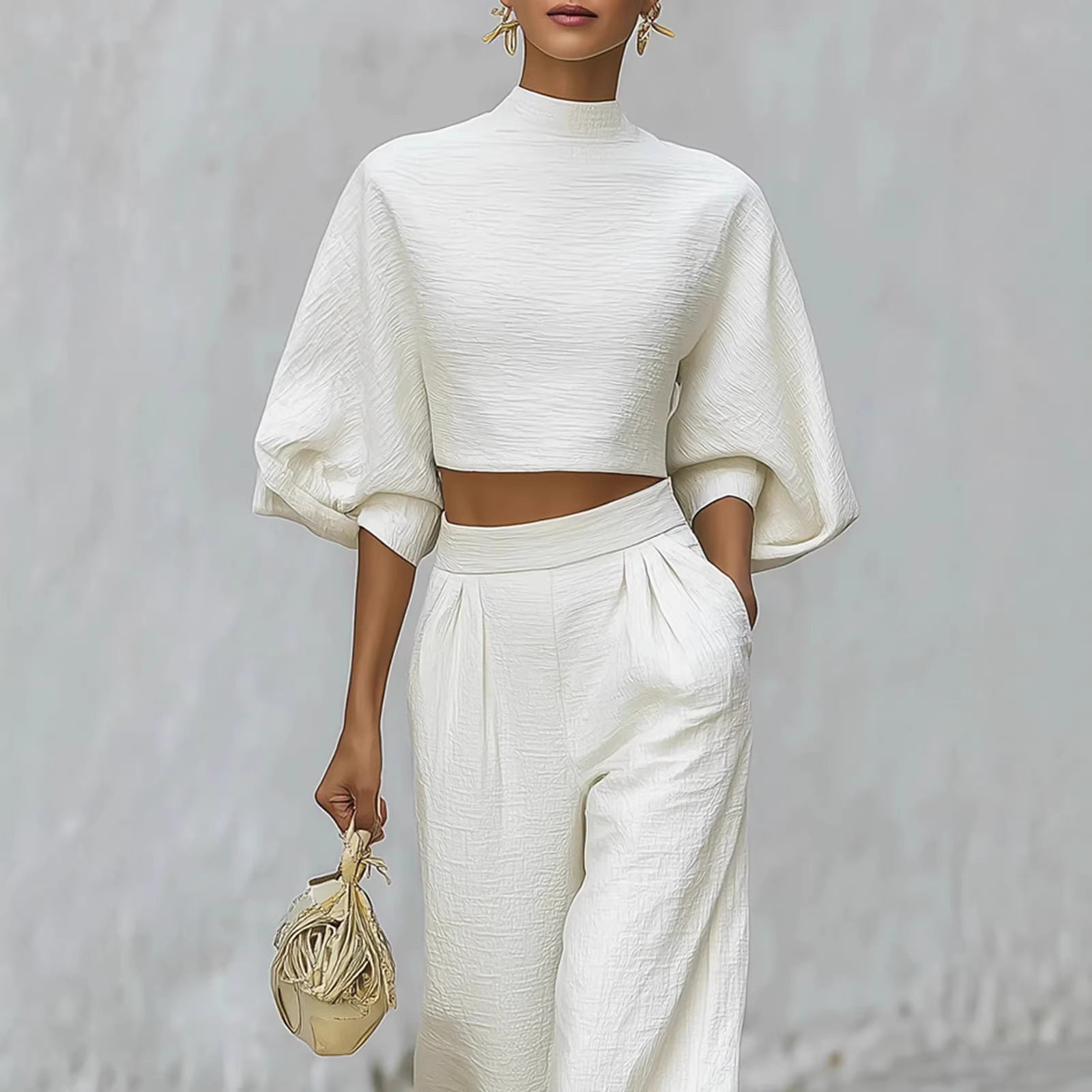 SET 2 PIÈCES FEMME CROP TOP + PANTALON TAILLE HAUTE BLANC – LOOK CASUAL ÉLÉGANT