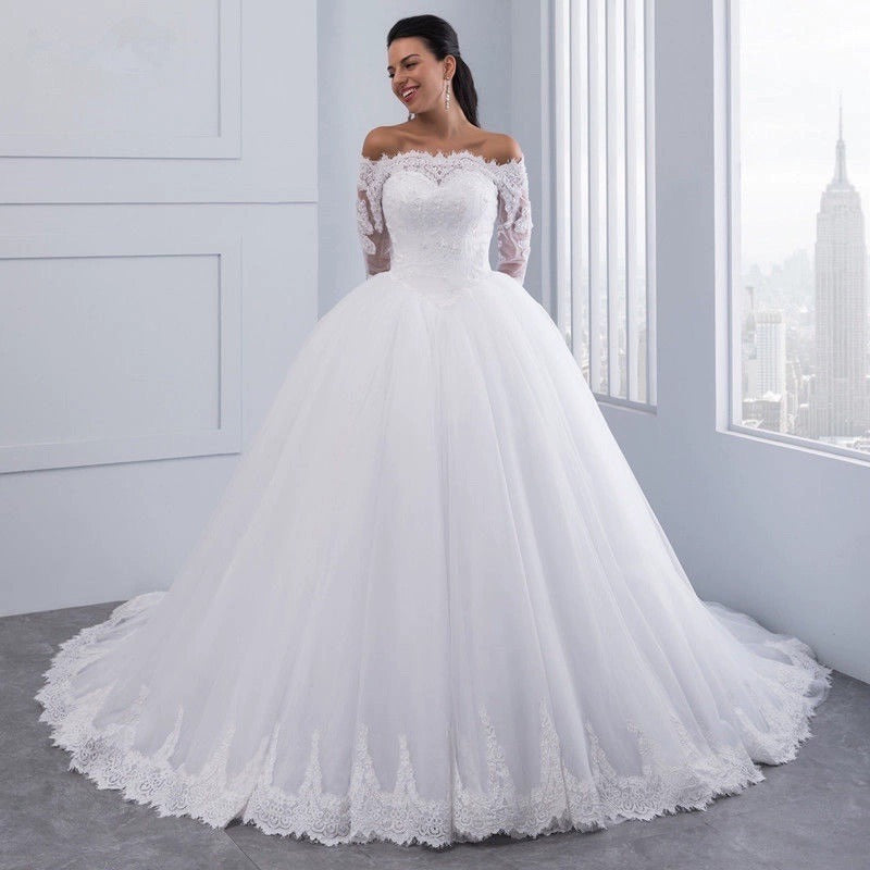 ROBE DE MARIÉE DENTELLE QUEUE LONGUE BRIDE – IVOIRE BLANC CHAMPAGNE