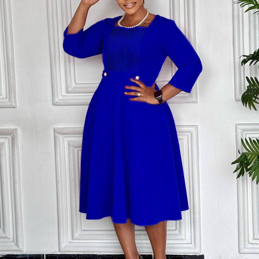 Robe plissée col carré unie chic, grande taille