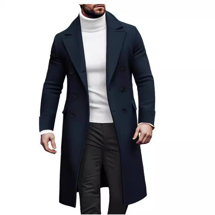 Manteau long laine double boutonnage homme – vert/rouge/kaki/bleu