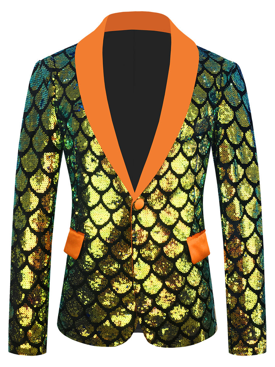 Costume pour homme en velours coloré à paillettes et à écailles.