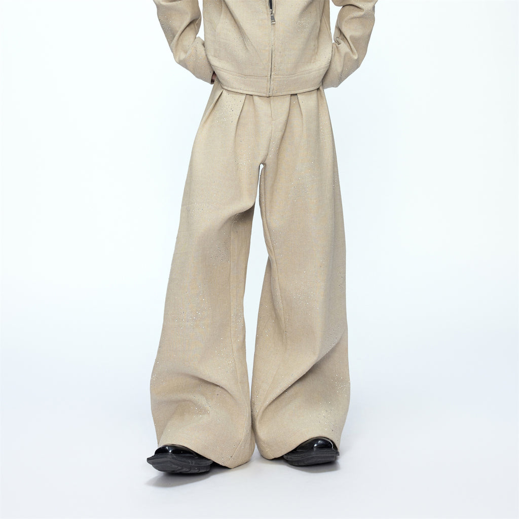 Set manteau court paillettes pantalon large chic – coton kaki/gris