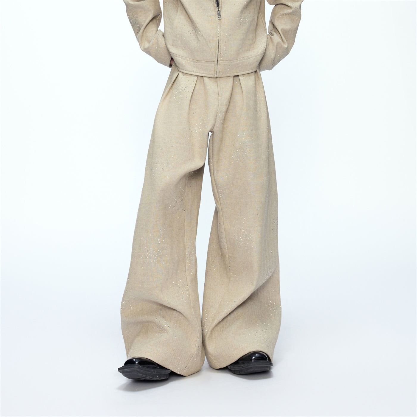 Set manteau court paillettes pantalon large chic – coton kaki/gris