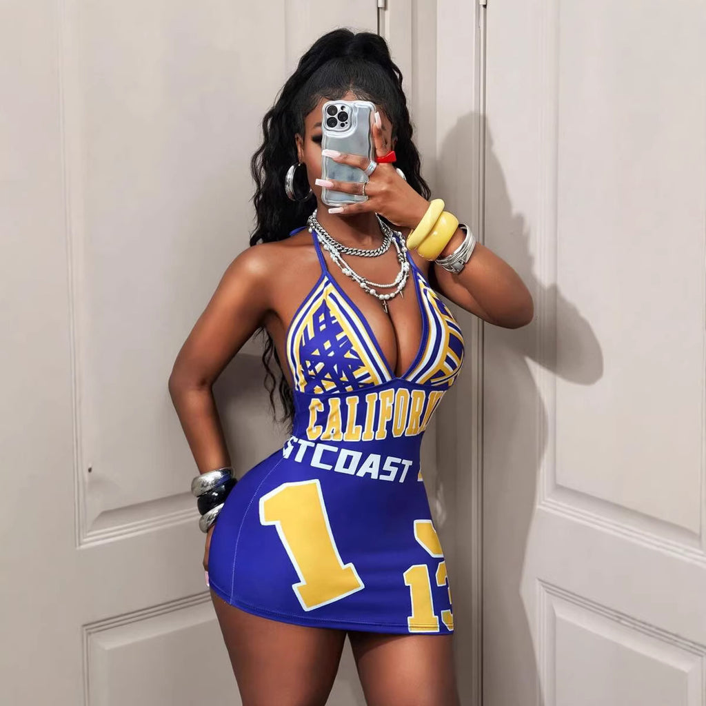 Robe imprimée halterneck dos nu sexy femme