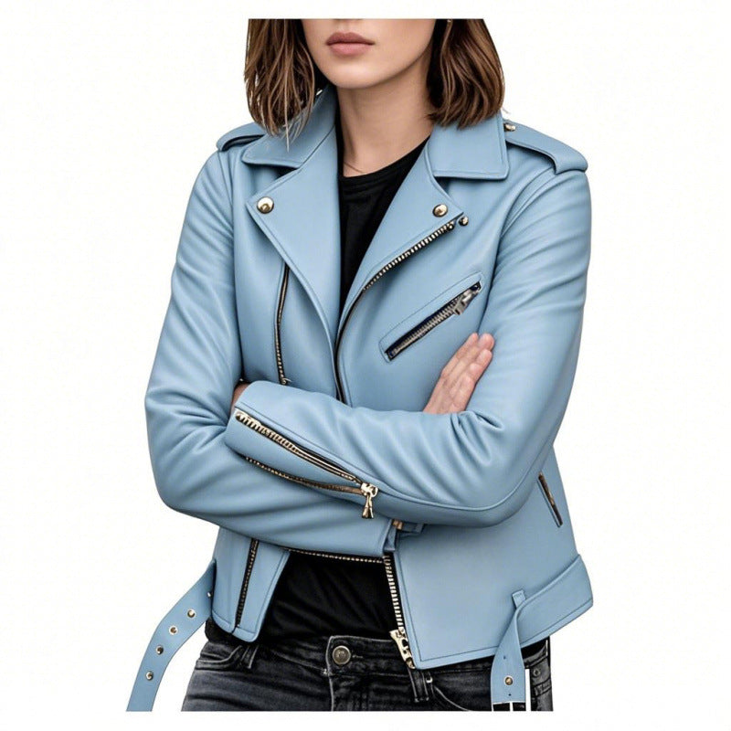 BLOUSON COURT CUIR PU FEMME – VESTE CASUAL SLIM FIT STREET HIPSTER RIVETS