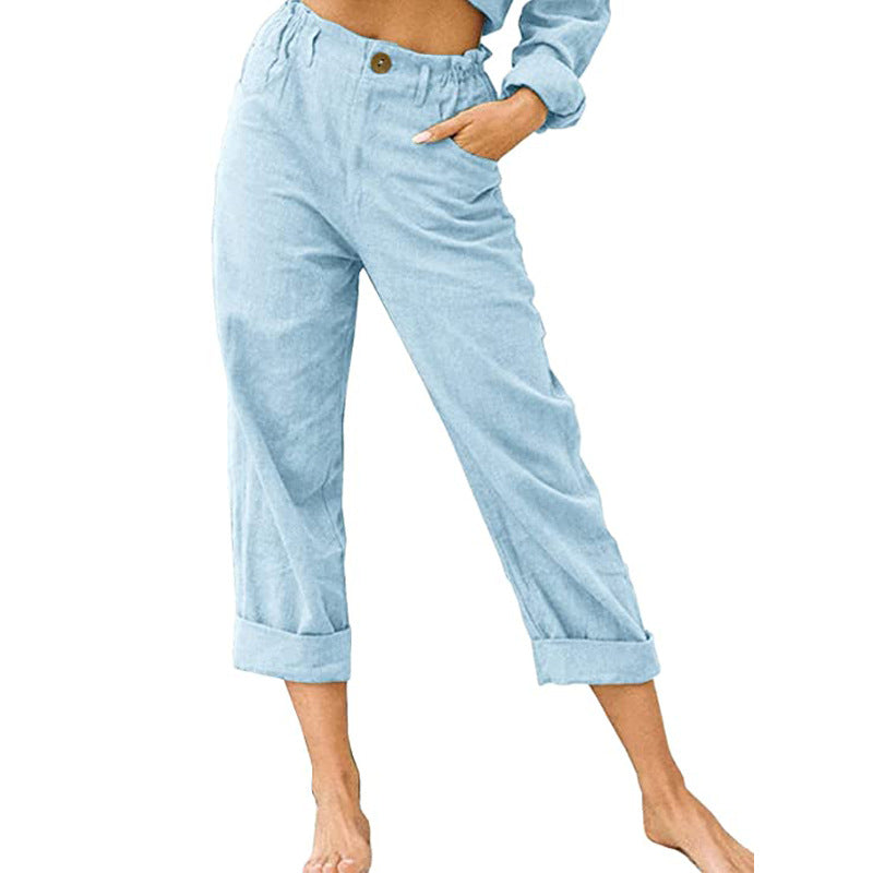 Pantalon femme en coton lin à taille haute – ample, confortable et décontracté