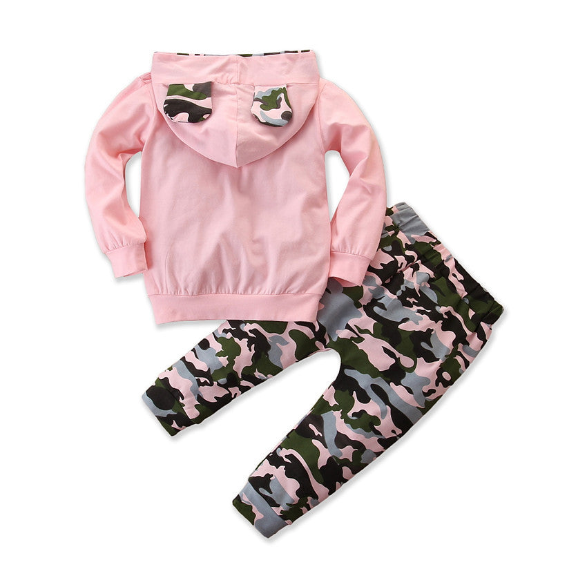 Ensemble hooded 2 pièces fille : motif camouflage tendance Ins.