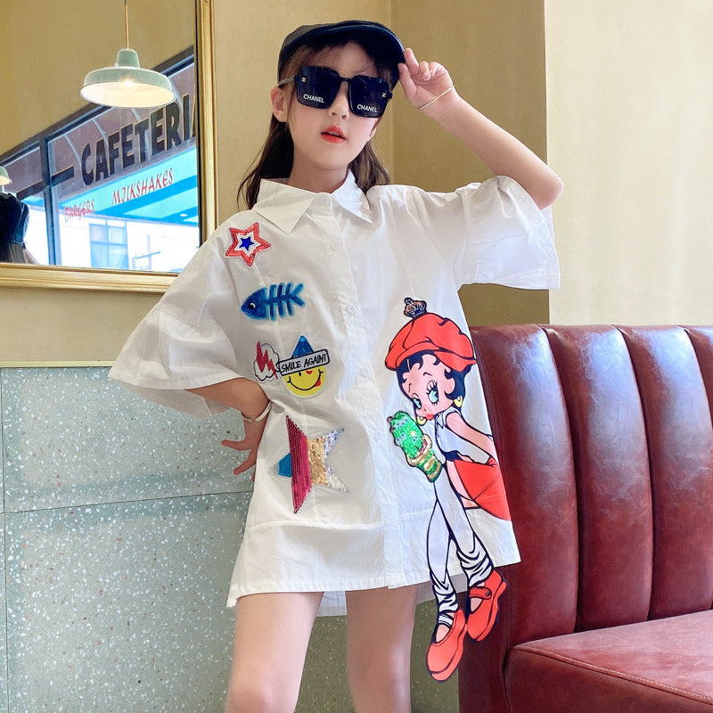 Chemise col pointu paillettes cartoon fille blanche – style coréen