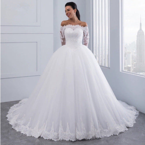 ROBE DE MARIÉE DENTELLE QUEUE LONGUE BRIDE – IVOIRE BLANC CHAMPAGNE
