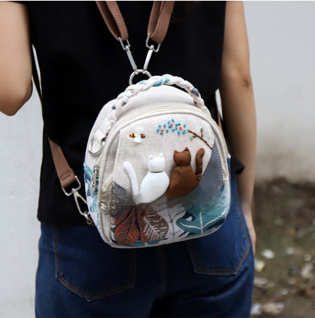 Sac cabas chat 3D parent-enfant toile – style chinois artistique écru