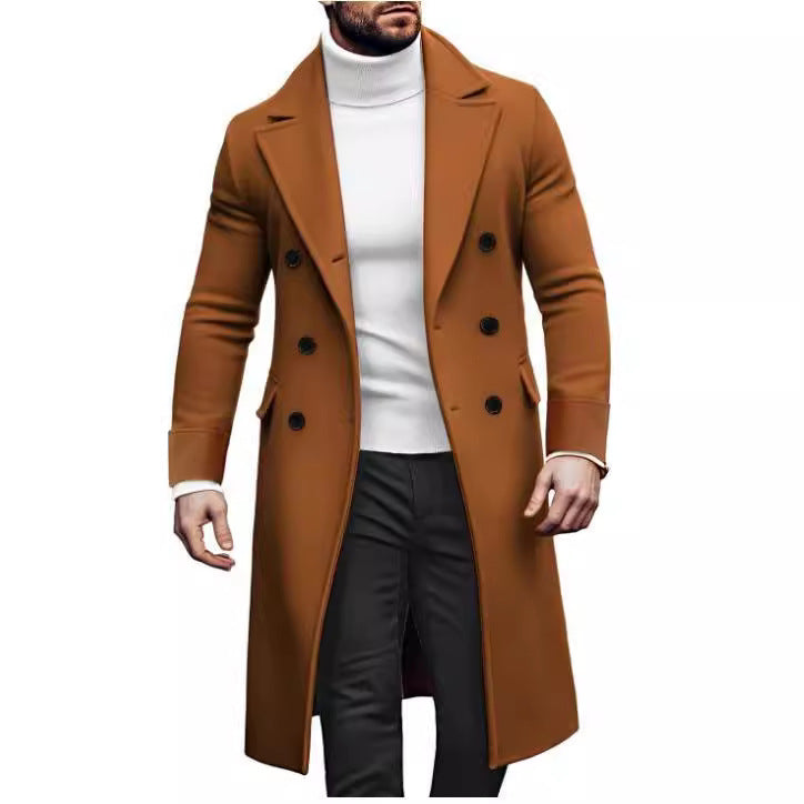 Manteau long laine double boutonnage homme – vert/rouge/kaki/bleu