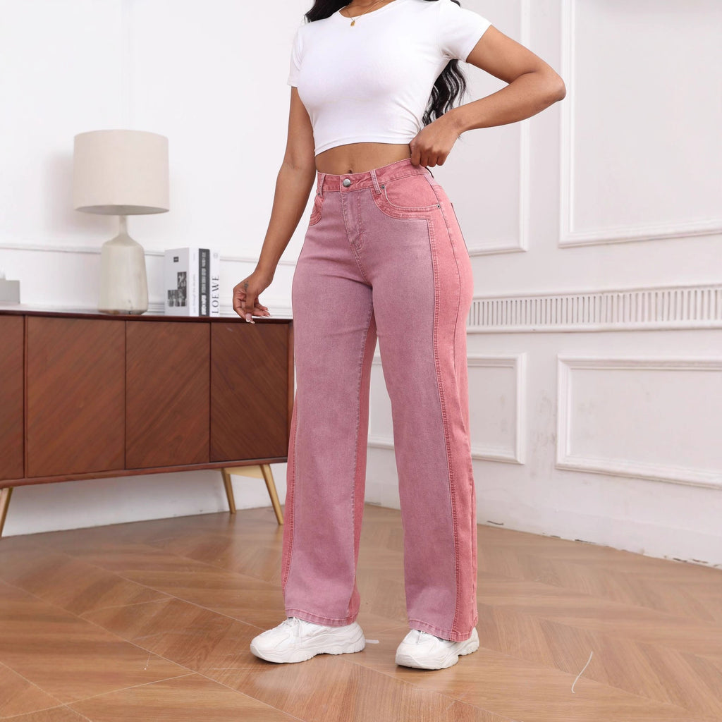 Jean wide leg femme élastique vert/magenta – Panneaux structurés lavage acide élégant