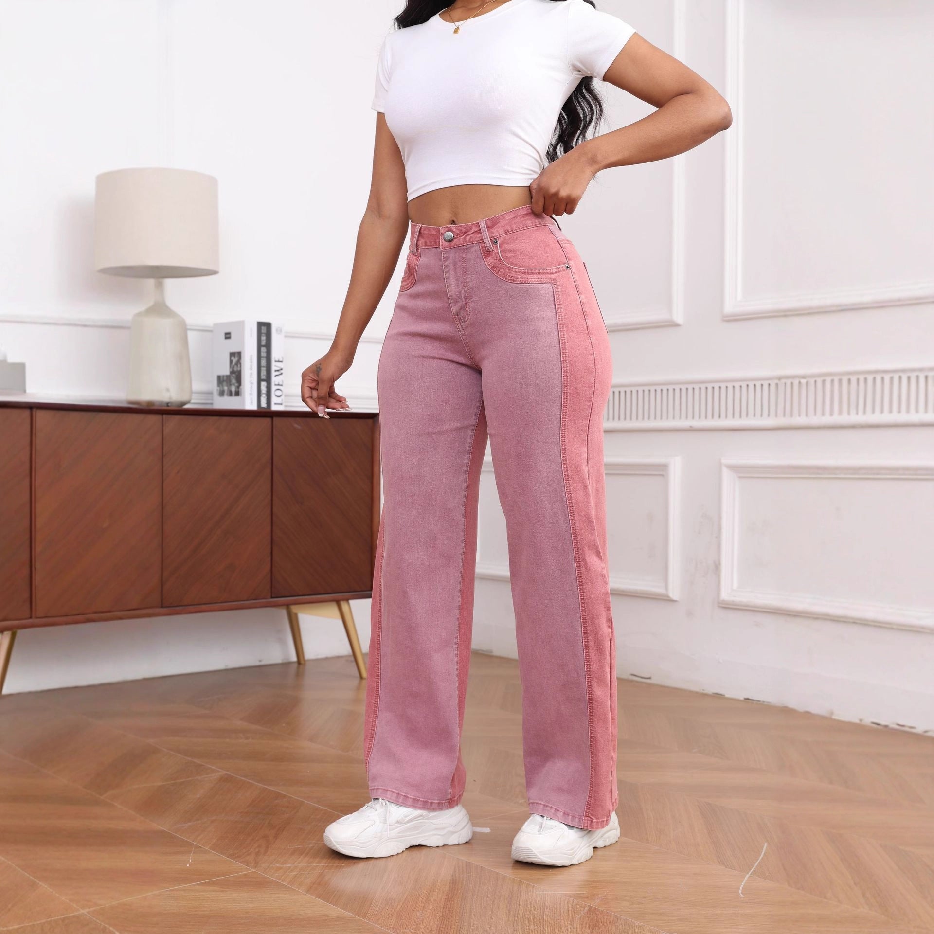 Jean wide leg femme élastique vert/magenta – Panneaux structurés lavage acide élégant