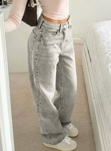 PANTALON FEMME TAILLE HAUTE LARGE DENIM GRIS – COUPE DROITE STREETWEAR