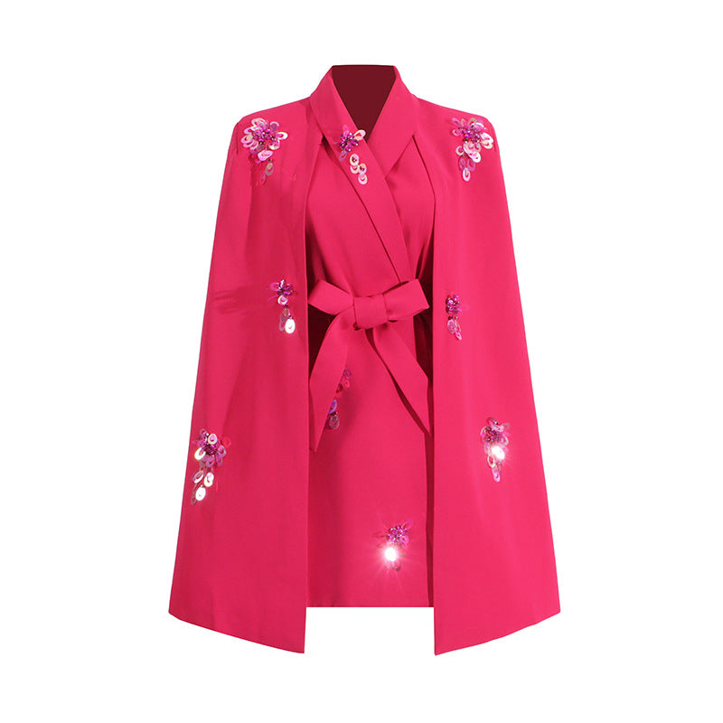 Blazer cape ample sans manches patchwork pailleté – rose rouge/noir femme