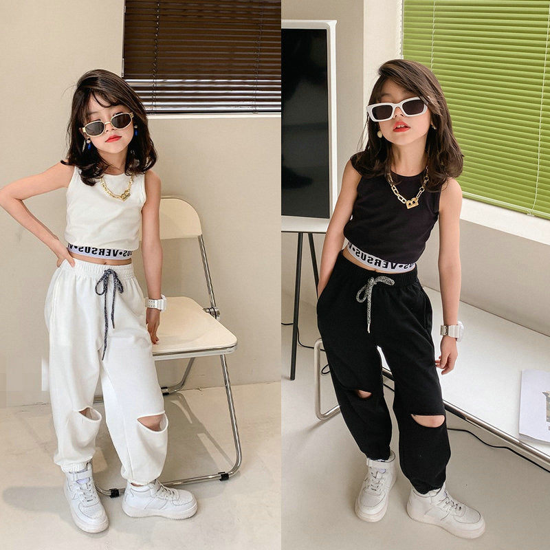 Ensemble été fille style coréen noir ou blanc – haut sans manches et pantalon en coton
