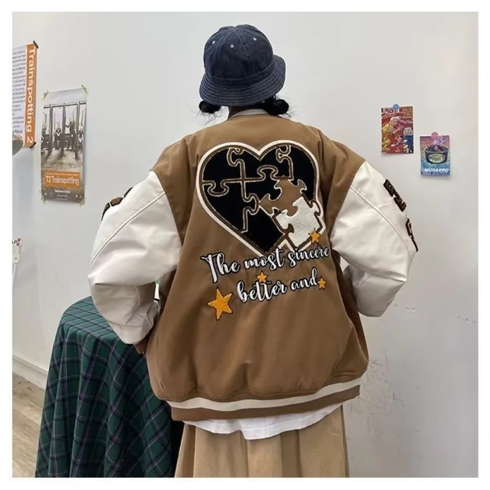 Veste baseball vintage femme, monogramme brodé, style lettres, coton blend,