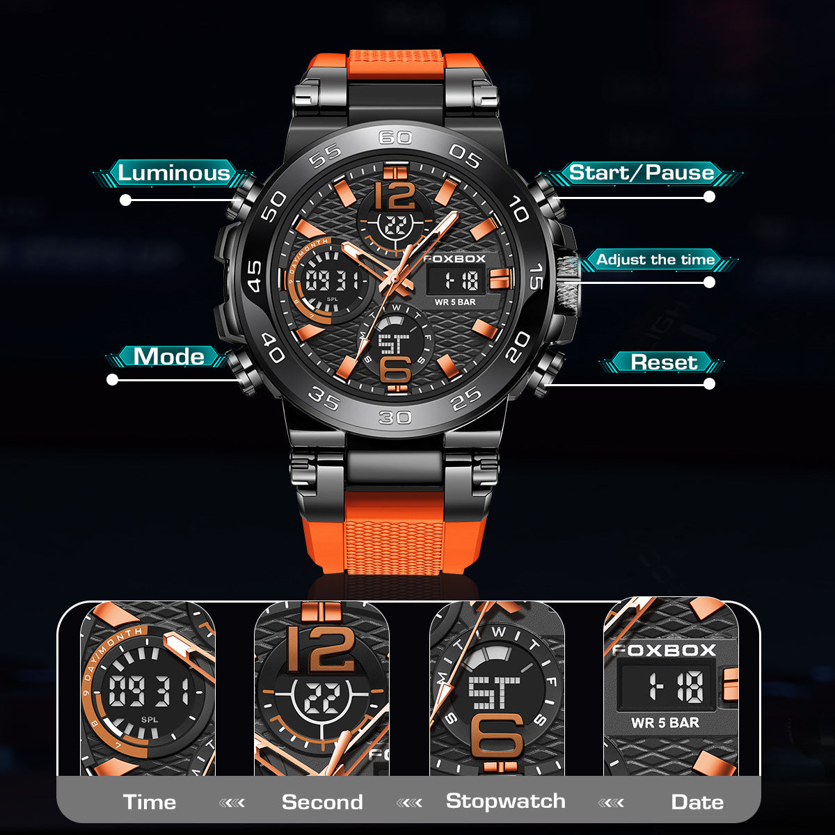 Montre sportive multifonction étanche waterproof – chronographe, alarme, style moderne