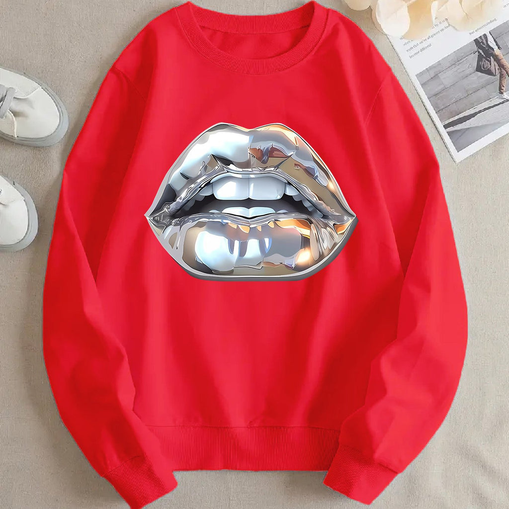Sweat à manches longues femme motif lèvres silver cartoon.style fun et tendance.