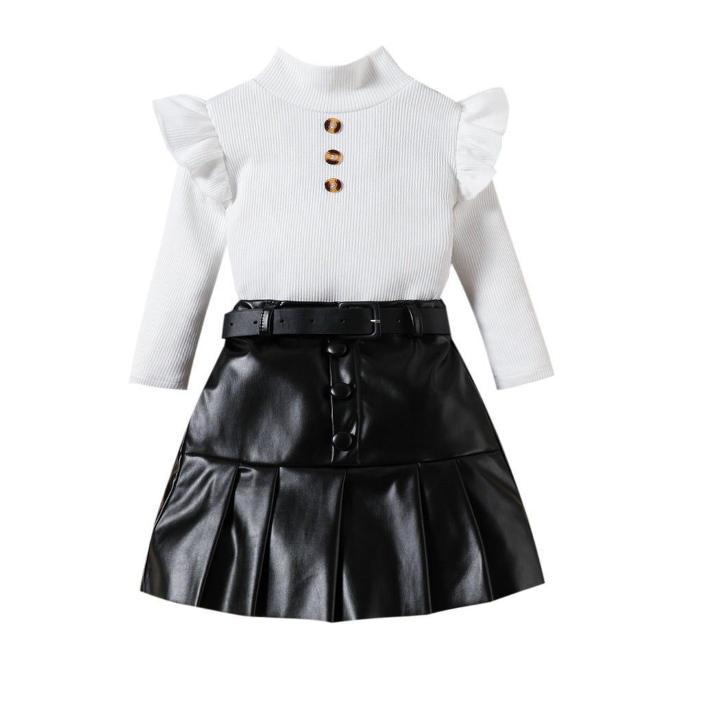 Ensemble 3 pièces fille col haut manches longues + jupe plissée similicuir + ceinture