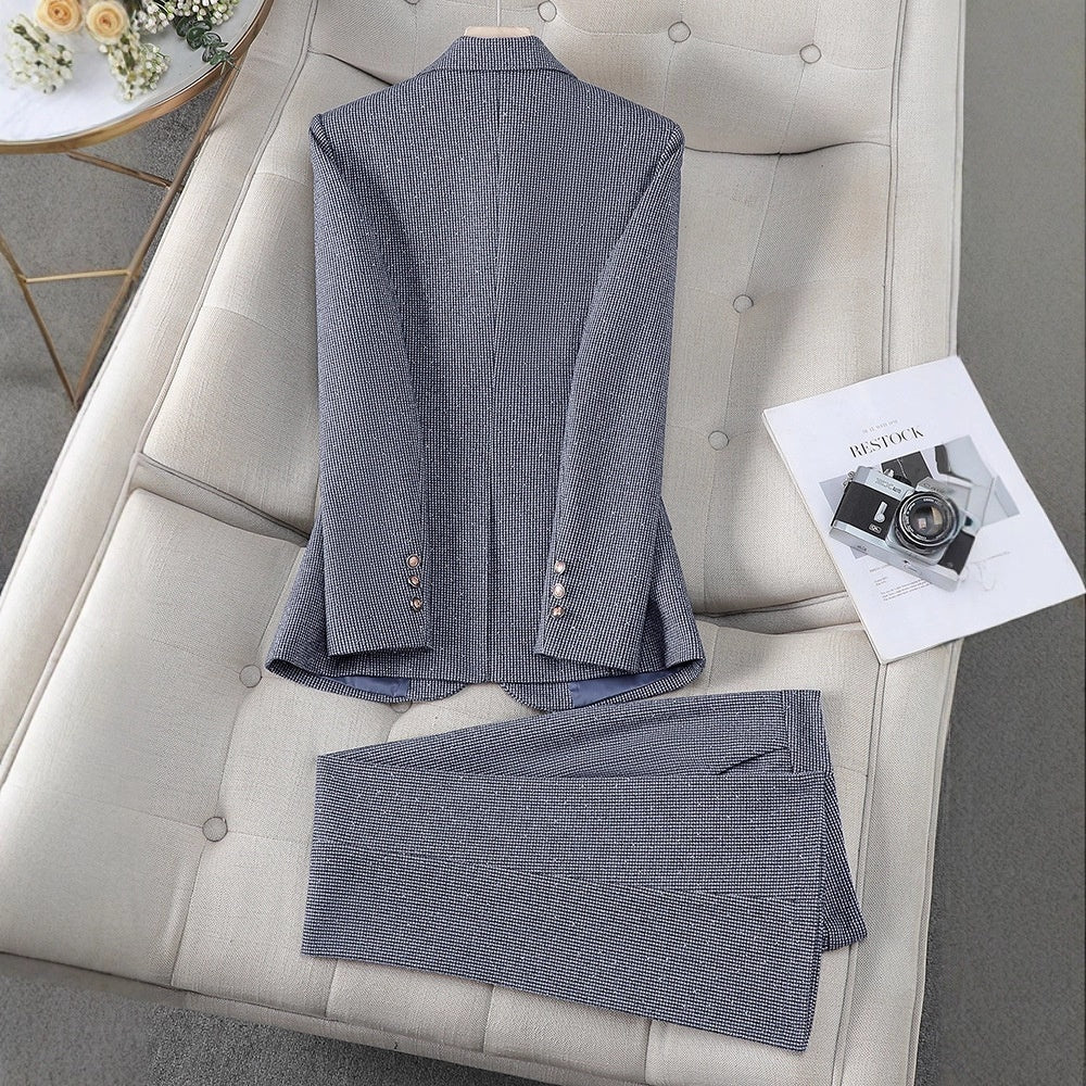 Costume blazer strass femme gris/rouge/café – pantalon court chic affaires