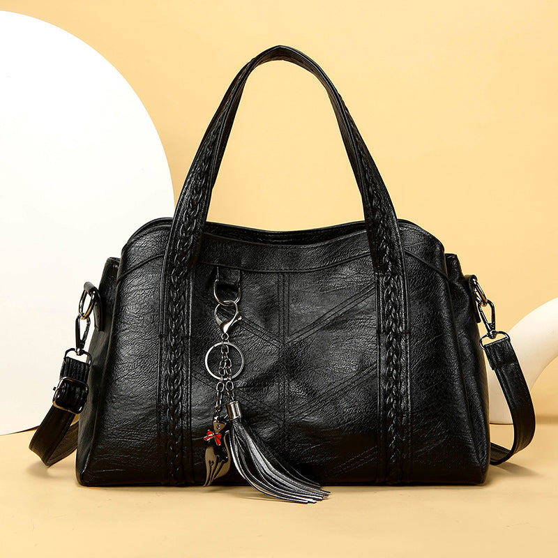 Sac bandoulière vintage PU carré horizontal – noir/marron/rouge/violet pompons