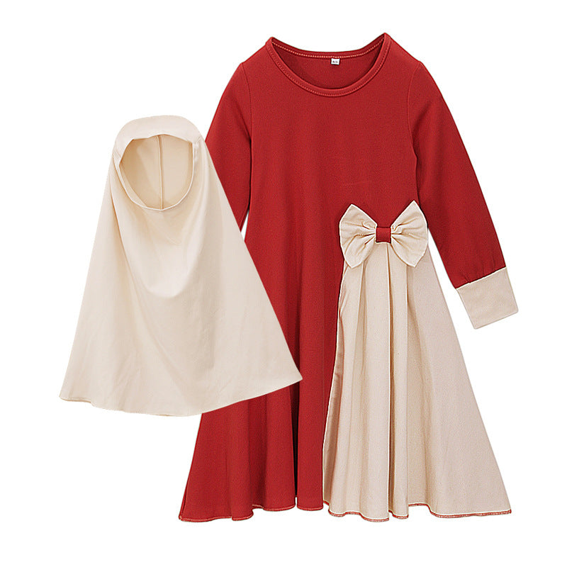 Robe abaya fille manches longues avec bandeau – coton uni vert ou rouge