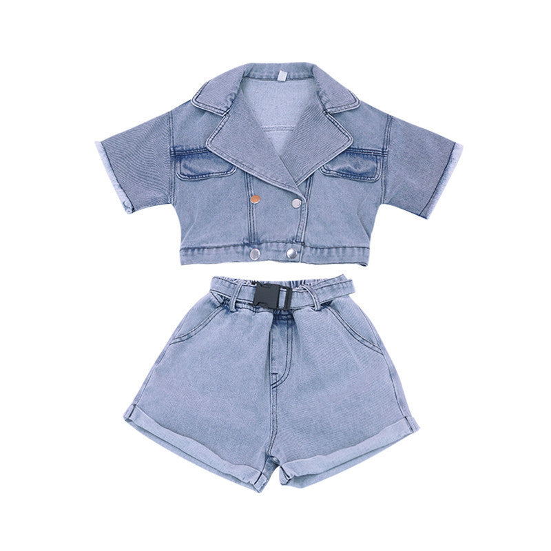 Ensemble enfant style workwear rayé coton à boutonnage biais – bleu clair