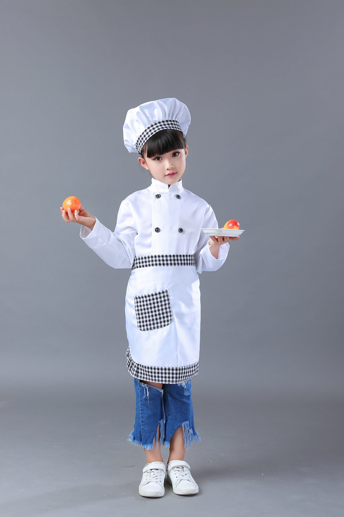 Costume chef COS enfants fourrure lapin – carreaux complet haut/tablier/chapeau