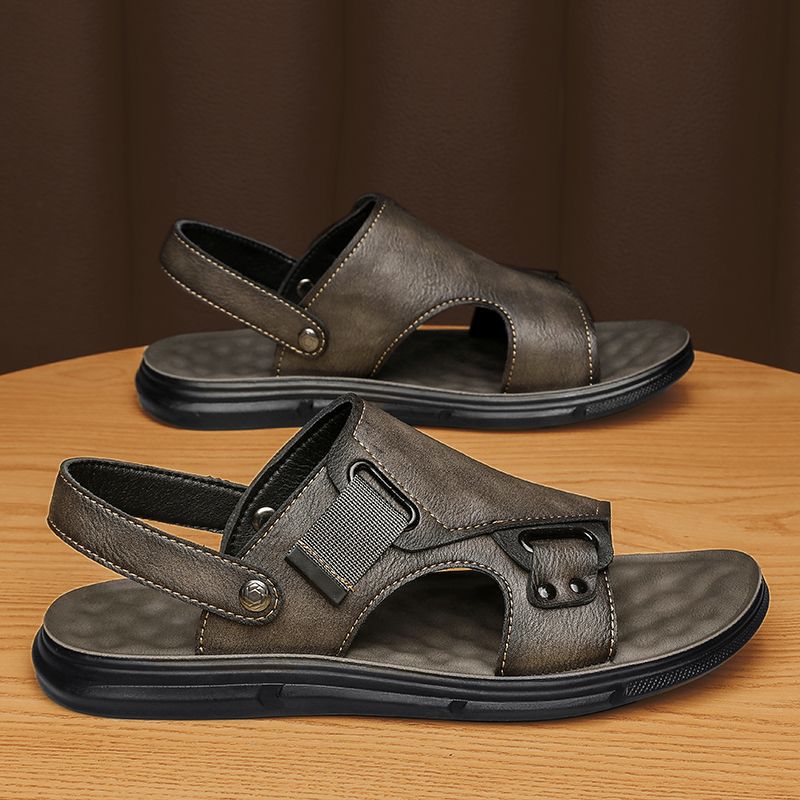 Sandales plage homme cuir vachette antidérapantes – semelle épaisse gris/noir