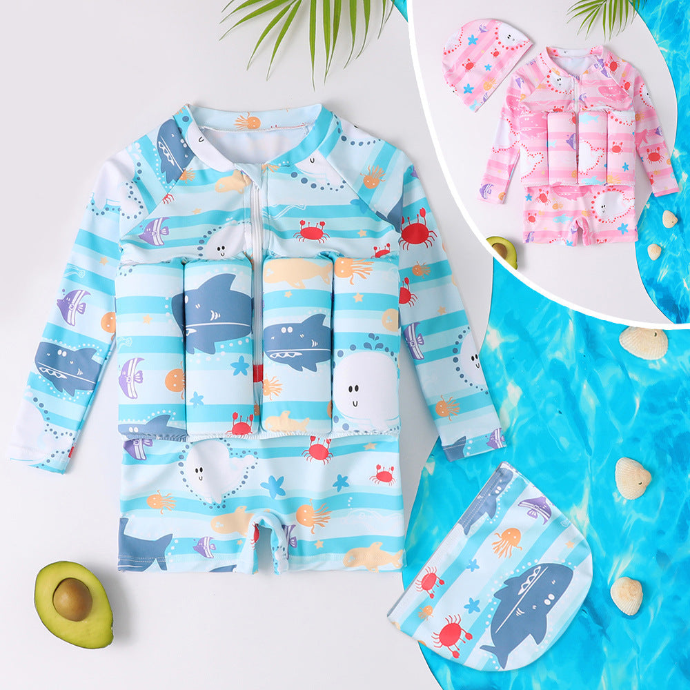 Maillot de bain flottant enfant une pièce avec chapeau – bleu ou rose