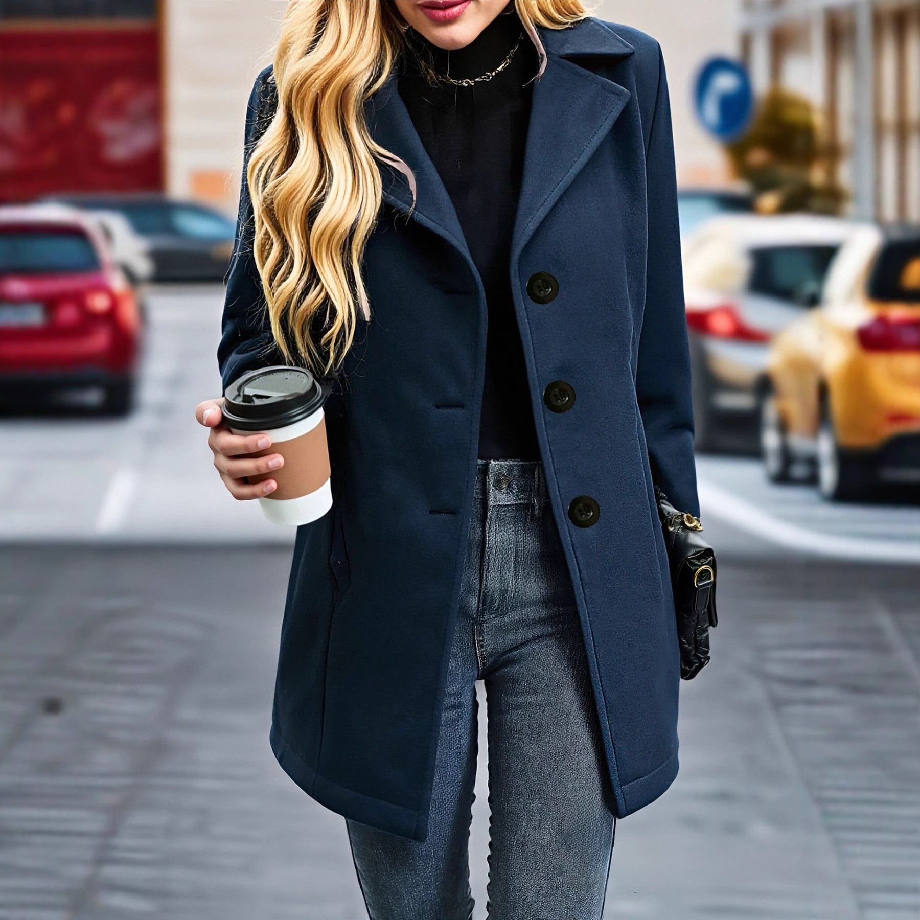 VESTE LAINE COL REVERS FEMME – STYLE VINTAGE PARISIEN BLEU MARINE