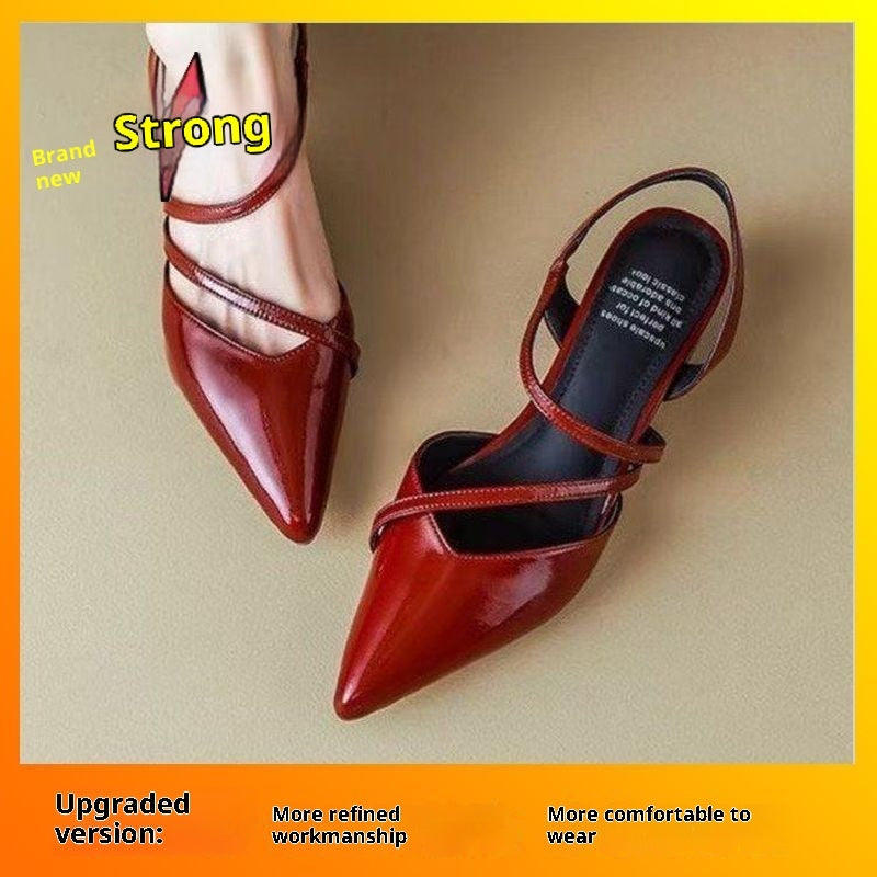 Sandales femmes bout pointu fermé talon bas – style coréen rouge/argent