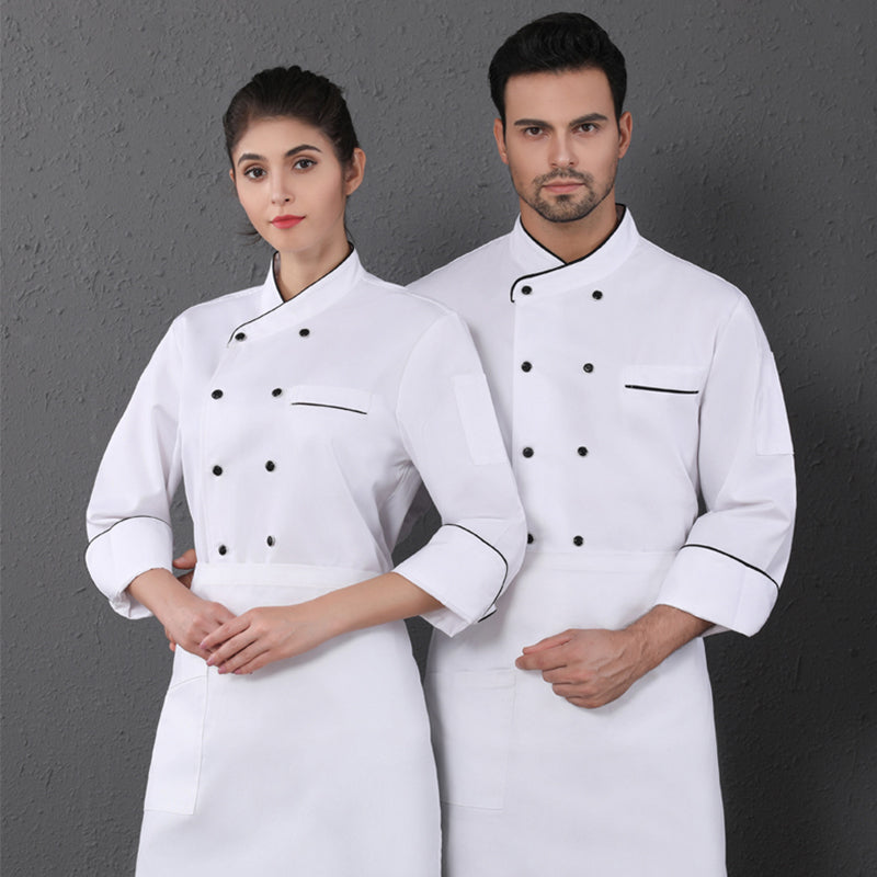 Uniforme chef manches courtes/longues polyester coton – restauration hôtel blanc/noir