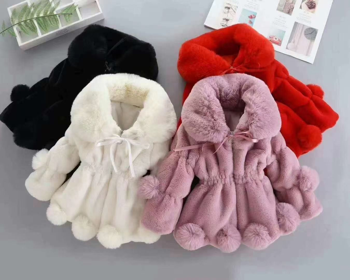 Manteau hiver laine mélangée fille col V – blanc/rose/rouge/noir