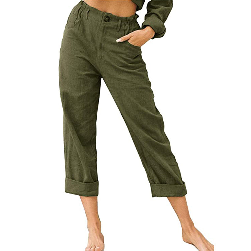 Pantalon femme en coton lin à taille haute – ample, confortable et décontracté