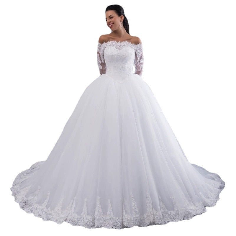 ROBE DE MARIÉE DENTELLE QUEUE LONGUE BRIDE – IVOIRE BLANC CHAMPAGNE
