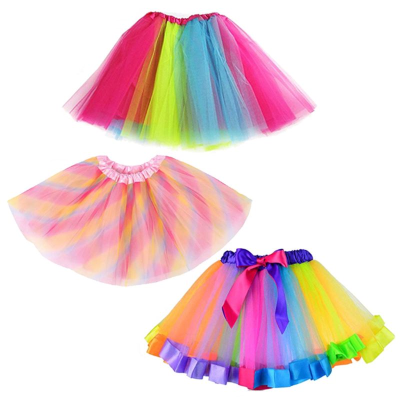 Ensemble jupe tutu arc-en-ciel néon avec gants, bretelles et nœud papillon