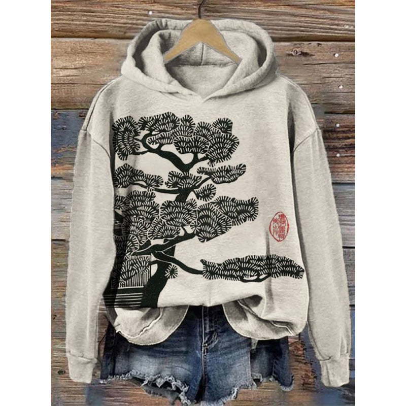 Women's printed hoodie pullover sweatshirt, long sleeves, trendy.