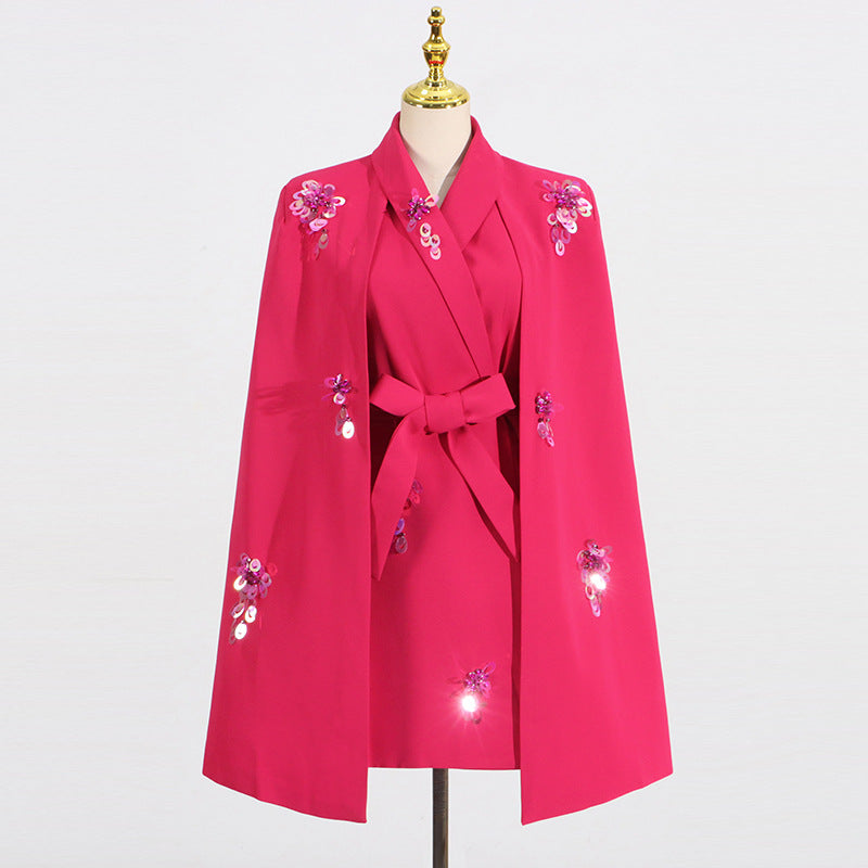 Blazer cape ample sans manches patchwork pailleté – rose rouge/noir femme