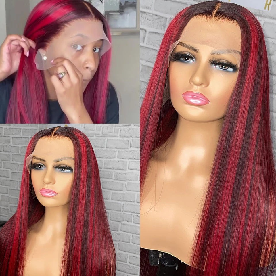 Perruque 100% cheveux naturels lace front 13x4, longueur 30cm rouge vibrant.