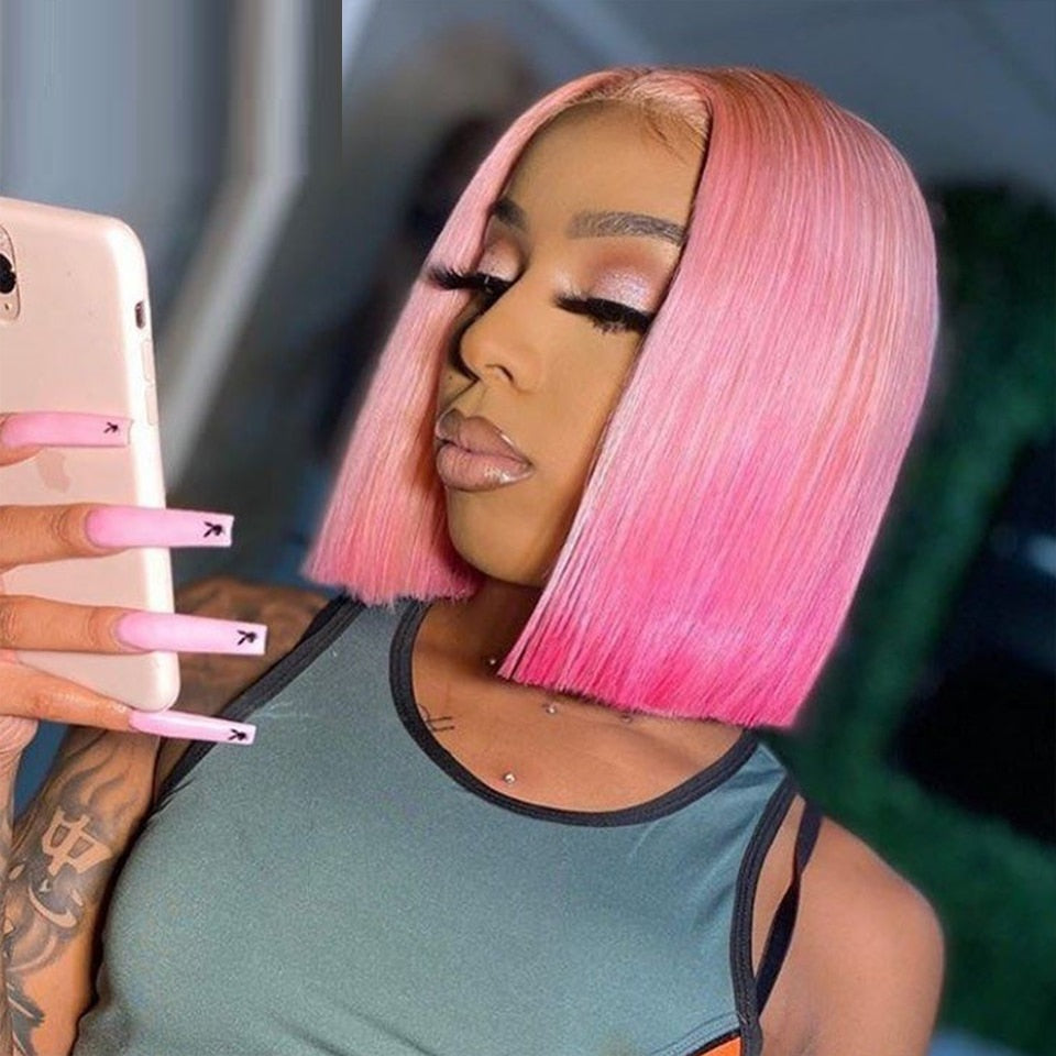 Perruque lace front gradient cheveux humains #613 rose – coupe blunt 8-28"