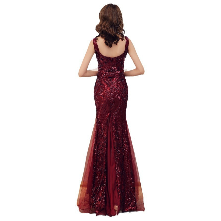 Robe longue sirène à sequins – soirée, banquet, sans manches