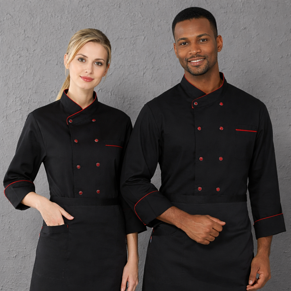 Uniforme chef manches courtes/longues polyester coton – restauration hôtel blanc/noir
