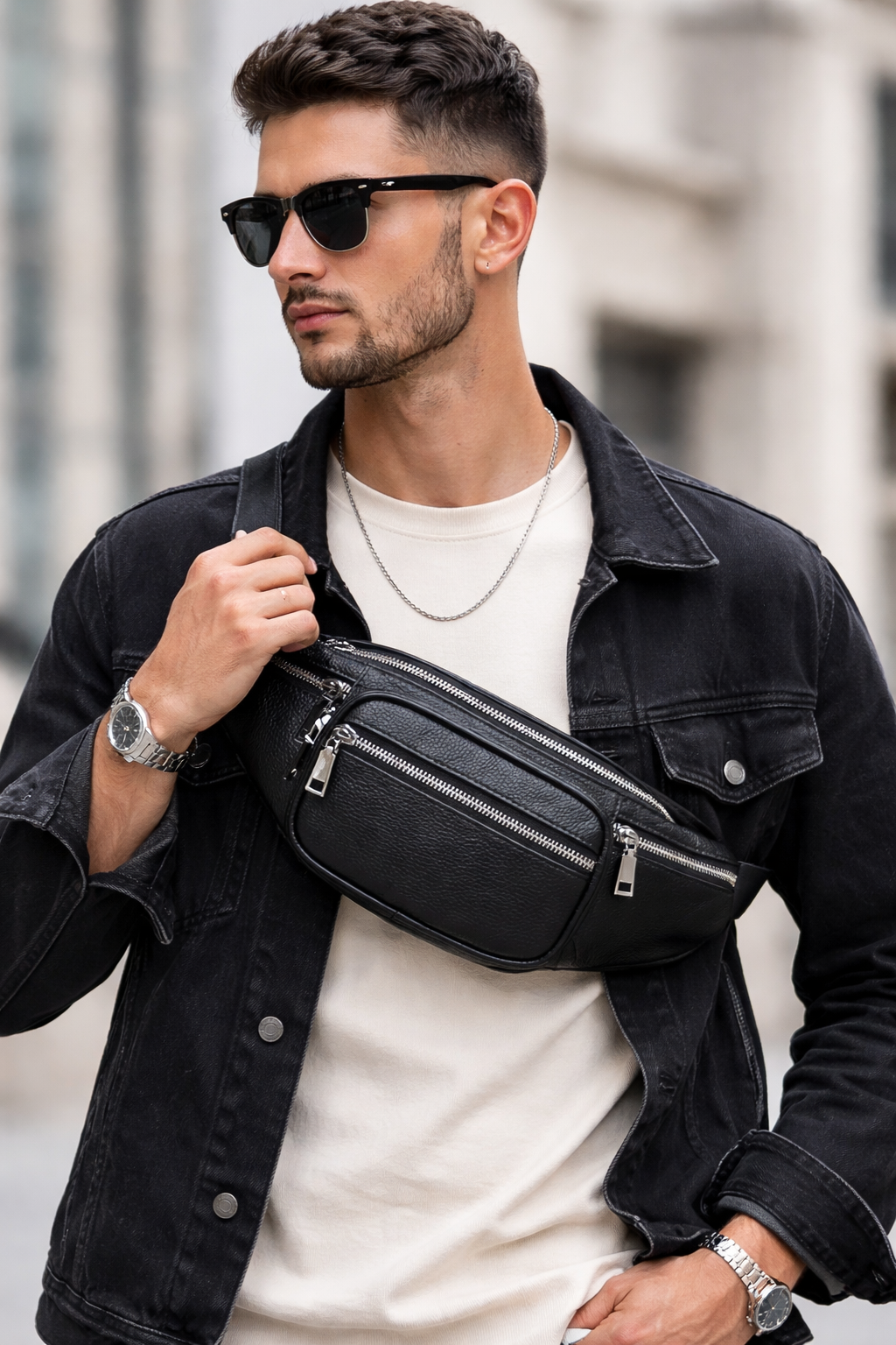 Sac bandoulière homme cuir pleine fleur noir – grande capacité mode urbaine