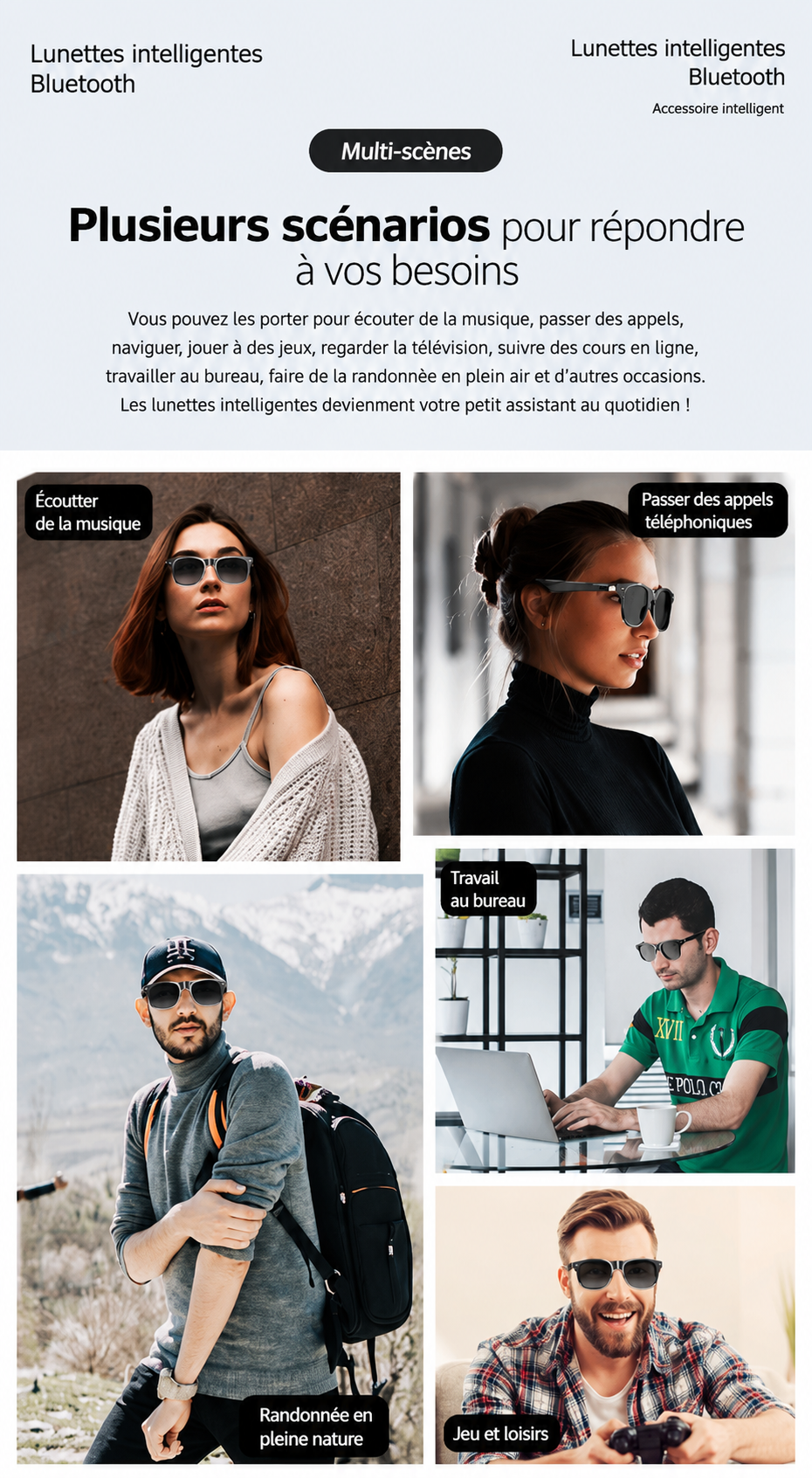 Lunettes de Soleil Intelligentes Bluetooth IA Son HIFI Verres HD Anti-UV