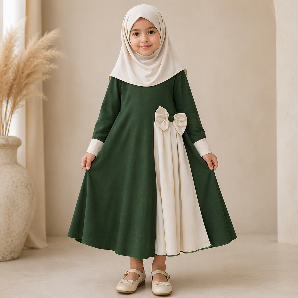 Robe abaya fille manches longues avec bandeau – coton uni vert ou rouge