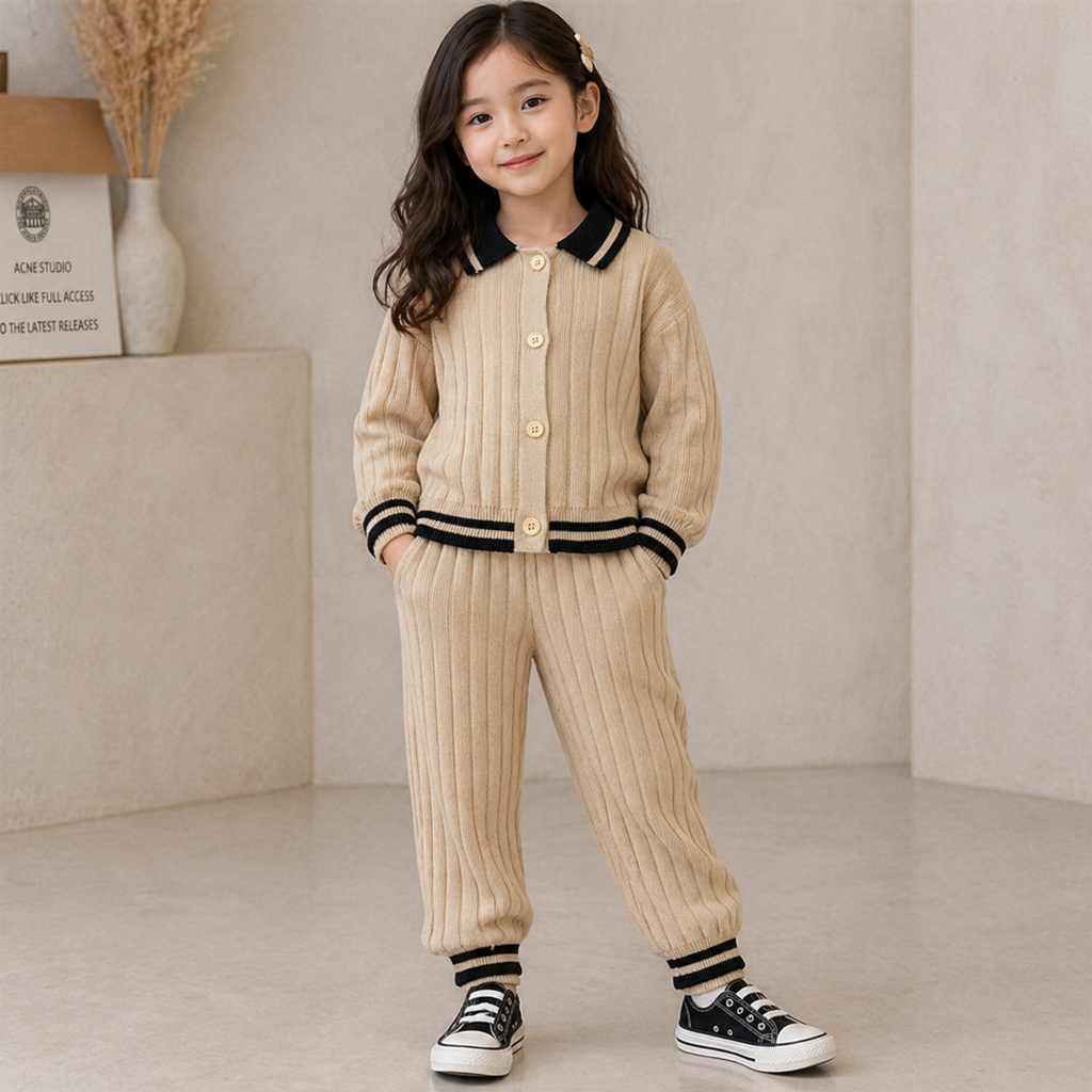 Ensemble fille en maille 2 pièces kaki – pull manches longues et pantalon