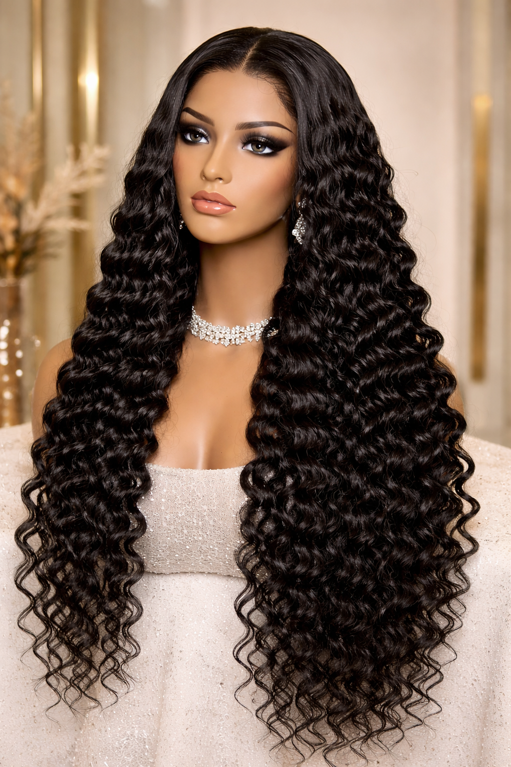 Perruque deep wave lace frontale 13x4 cheveux humains – noir 14-20 pouces